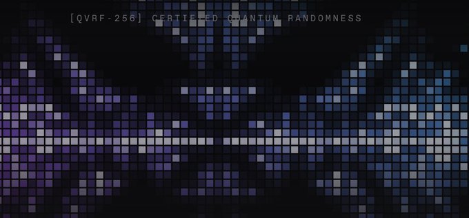 A dark pixelated image in blue and purple tones with text overlay reading '[QVRF-256] CERTIFIED QUANTUM RANDOMNESS'.