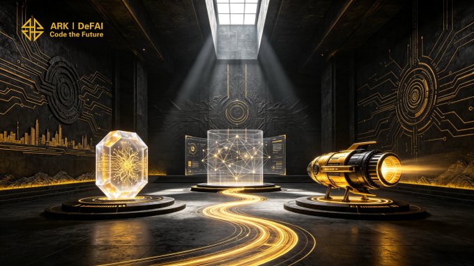 A dark, futuristic chamber illuminated by golden light showcases glowing tech artifacts—an octagonal data crystal, a holographic network cube, and a cylindrical AI engine—united by flowing energy streams, while "ARK | DeFAI Code the Future" appears in the top left. The imagery visually embodies the post's message of turning visionary AI concepts into executed reality within the ARK ecosystem.