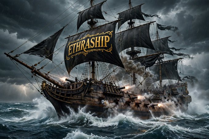 A dramatic digital artwork of a pirate galleon ship named 'ETHRASHIP' sailing through stormy seas with crashing waves, dark clouds, and lightning in the background, featuring black sails and cannons firing from its side.