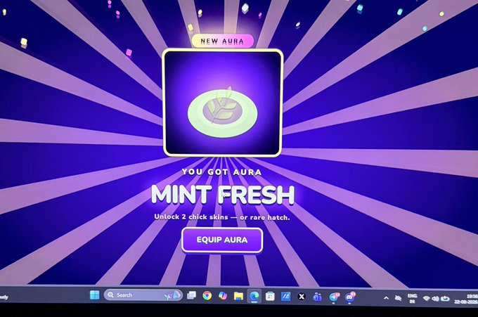 A screenshot from the game shows a "NEW AURA" notification where the player received the "MINT FRESH" aura, with text explaining it unlocks "2 chick skins — or rare hatch" and an "EQUIP AURA" button, directly illustrating the in-game reward mentioned by the player.