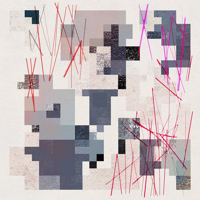 An abstract geometric composition featuring overlapping pixelated square blocks in shades of blue, gray, and beige, interspersed with chaotic red and magenta line strokes.