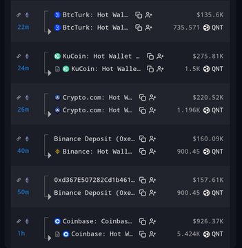 The image displays a tracker of large $QNT (Quant) transactions, showing significant inflows from major exchanges and wallets—including 735,571 QNT ($135.6K) from BtcTurk, 1.196M QNT ($220.52K) from Crypto.com, and 5.424K QNT ($926.37K) from Coinbase—all deposited into exchange hot wallets within the last hour. This visually supports the post's claim that millions of dollars worth of $QNT are being moved onto exchanges during its 90% price surge, hinting at potential spot selling pressure as traders watch for supply changes rather than just the green candle.