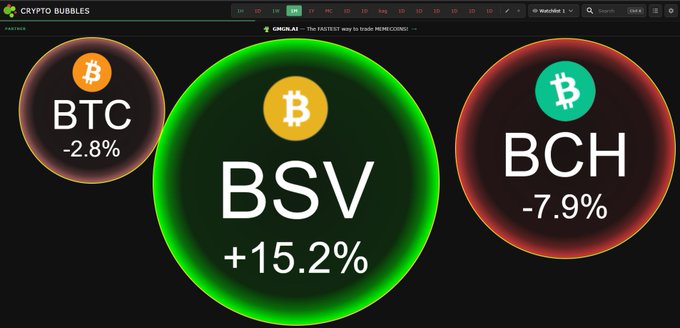 A "Crypto Bubbles" market visualization showing BTC at -2.8%, a large green BSV bubble at +15.2%, and BCH at -7.9% against a dark background.
