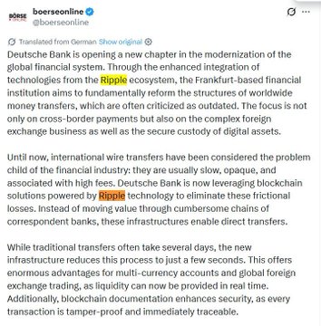 A Boerse Online (@boerseonline) post about Deutsche Bank launching a new financial chapter using Ripple's blockchain technology, highlighting Ripple, Deutsche Bank, and FFF-related financial infrastructure.
