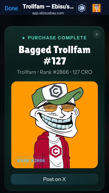 A mobile screenshot showing a "PURCHASE COMPLETE" confirmation for "Bagged Trollfam #127" from Trollfam on Ebisu's Bay, ranking #2866 for 127 CRO, featuring a troll cartoon character.