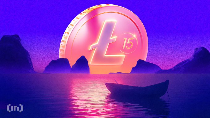 A stylized digital artwork showing a large glowing Litecoin coin with the number '15' on it, set against a purple sunset sky over water with a small boat in the foreground.