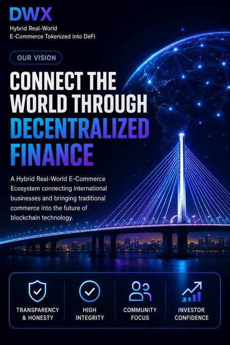 A promotional graphic for 'DWX' describes a 'Hybrid Real-World E-Commerce Tokenized into DeFi' with the heading 'CONNECT THE WORLD THROUGH DECENTRALIZED FINANCE', featuring an illuminated bridge and icons for Transparency & Honesty, High Integrity, Community Focus, and Investor Confidence.