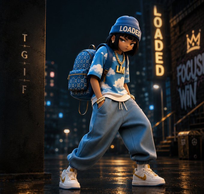 A 3D animated-style character wearing a blue 'LOADED' beanie, cloud-patterned shirt, and 'LM' chain walks confidently in a rainy city street with 'LOADED' and 'FOCUS WIN' graffiti in the background.