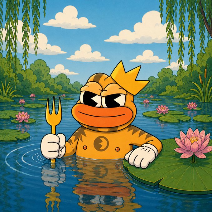 A cartoon frog character wearing sunglasses, a gold crown, and a pitchfork, sitting in a lotus pond and holding a bitcoin token.