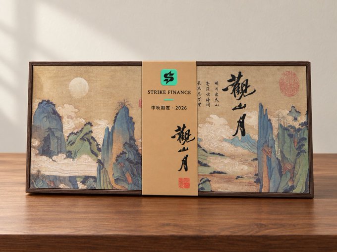A Strike Finance Mid-Autumn Festival 2026 gift box displayed on a wooden surface, featuring traditional Chinese landscape artwork and a branded ribbon reading "STRIKE FINANCE 中秋節慶 · 2026".