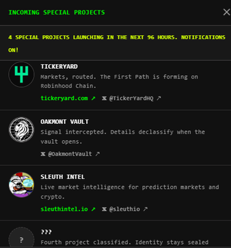 A dark-themed mobile app screen titled 'INCOMING SPECIAL PROJECTS' lists 4 upcoming launches: Ticklickyard, Oakmont Vault, and Sleuth Intel, plus a classified fourth entry.