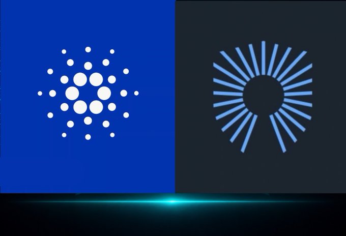 A split-screen graphic showing the Cardano cryptocurrency logo on the left (white dots on blue) and another circular logo on the right (blue rays on dark gray), with a glowing teal line at the bottom.