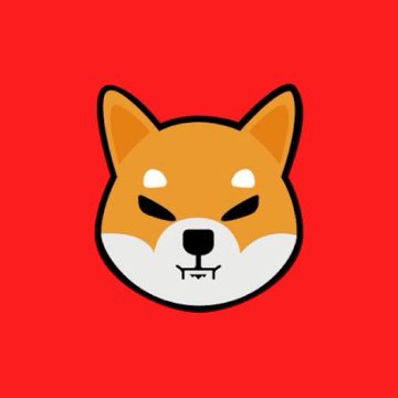 Shiba Inu dog logo on a solid red background.