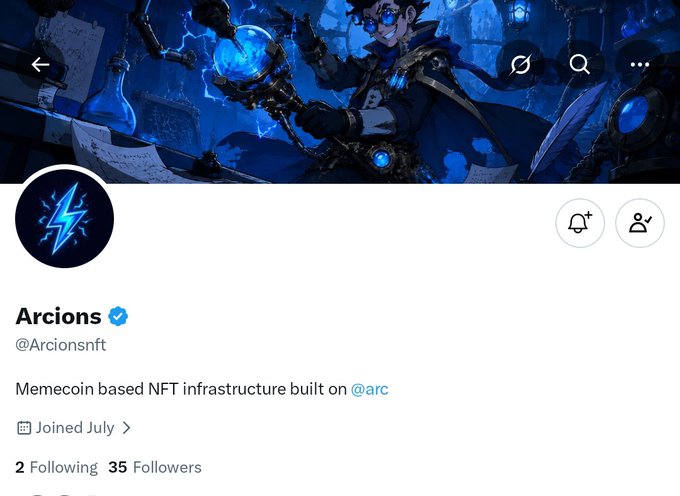 A Twitter/X profile for 'Arciona' (@Arcionsnft), a verified account described as 'Memecoin based NFT infrastructure built on @arc', with 35 followers and 2 following, joined in July.