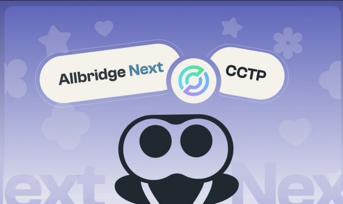 A digital graphic featuring a cartoon character with large round eyes at the bottom, with labels 'Allbridge Next' and 'CCTP' connected by a circular icon against a light purple background with stars and hearts.