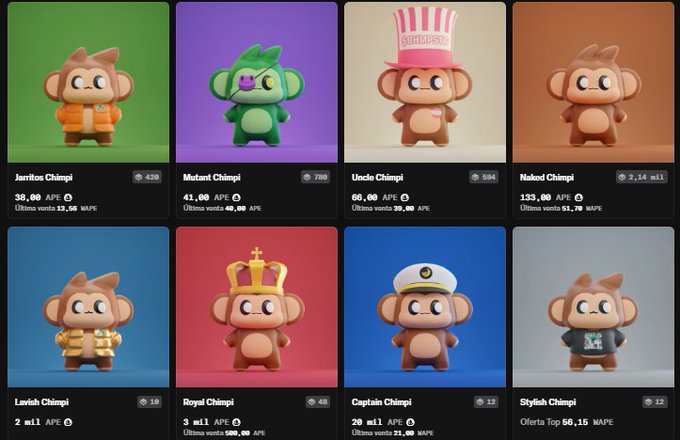A grid displaying eight different 3D cartoon monkey NFT characters from a collection called 'Chimpi', including variants like Jarritos, Mutant, Uncle, Naked, Lavish, Royal, Captain, and Stylish, each with listed prices in APE cryptocurrency.