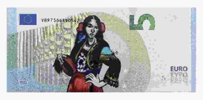 A Euro banknote featuring an illustrated character with an EU flag, serial number VB97566890542, and the '5' denomination.