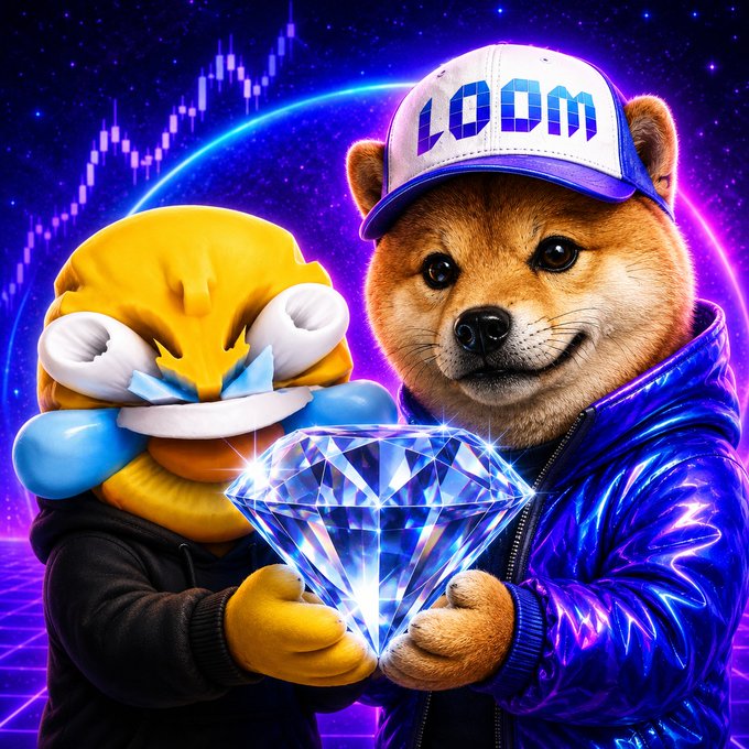 A digital illustration featuring a Shiba Inu dog in a purple jacket and cap with 'LOOM' written on it, alongside a crying yellow cartoon character, both holding a large blue diamond against a cosmic background.