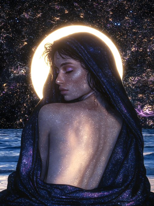 A mystical digital artwork depicting a woman wrapped in a starry cosmic cloak with a glowing halo behind her head, set against a starry night sky.