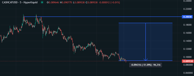 A TradingView chart of CASHCATUSDC on Hyperliquid shows a -51.09% drop (-$0.094316) to $0.089538, with a highlighted "twin tower" pattern marked by two descending rectangles projecting to new lows, visually confirming the post's claim of a predicted -50% decline and signaling a potential bottom before new ATHs.