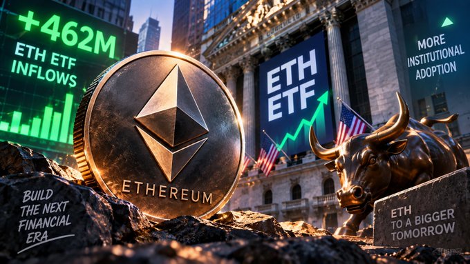 A bullish cryptocurrency promotional image featuring an Ethereum coin, ETH ETF text, +462M ETH ETF inflows, a bronze bull statue in front of a stock exchange building, and messages like "BUILD THE NEXT FINANCIAL ERA" and "MORE INSTITUTIONAL ADOPTION".