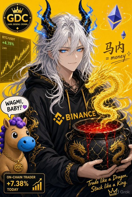 The image depicts a stylized anime figure with white hair and glowing blue horns, wearing a black "BINANCE" hoodie and holding a fiery dragon-adorned cauldron, accompanied by a small horse wearing a "GDC" chain necklace. The image is filled with crypto-related elements: a "GDC (Gain. Defend. Crown)" badge, BTC/USDT showing +4.78% in 24H, an "On-Chain Trader +7.38% Today" stat card, an Ethereum logo, and the slogan "Trade like a Dragon. Stack like a King." along with Chinese text "马内 = money" and a "WAGMI, BABY!" speech bubble—creating a Studio Ghibli-inspired aesthetic merged with cryptocurrency trading culture.