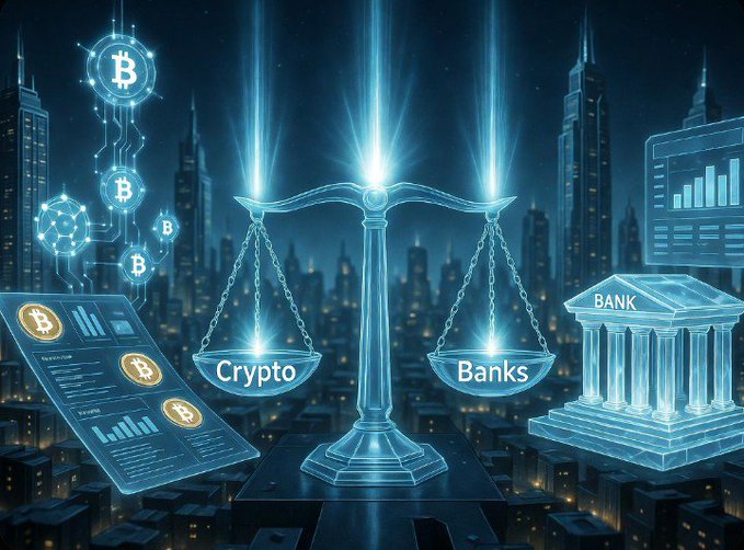 A digital illustration depicting a glowing blue balance scale weighing "Crypto" against "Banks," with a Bitcoin symbol and a classical bank building against a futuristic city skyline.