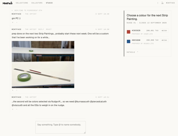 A screenshot of the MintFace website showing a chat interface where an artist is planning Strip Paintings and requesting feedback on color choices via a 'Nudge #1' voting poll, mentioning collaborators @burnasso.eth, @piercedcat.eth, and @visco.eth.