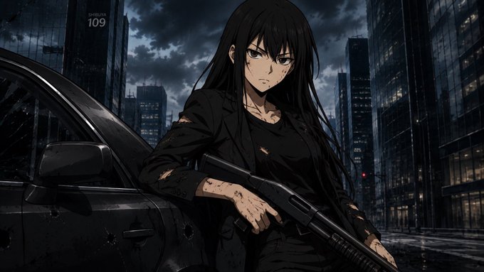 An anime-style illustration of a black-haired female character holding a shotgun, standing beside a car in a dark urban cityscape with skyscrapers.