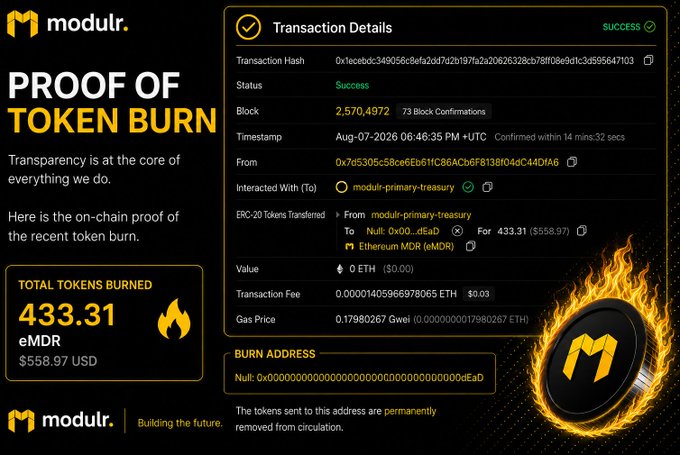 A Modulr promotional graphic displaying 'PROOF OF TOKEN BURN' with transaction details showing 433.31 eMDR tokens ($558.97 USD) permanently sent to a burn address from their primary treasury on the Ethereum Mainnet.