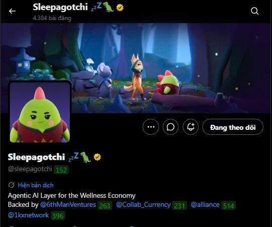 A Twitter/X profile page for 'Sleepagotchi 💤🦖🌼' (@sleepagotchi) describing itself as an 'Agentic AI Layer for the Wellness Economy,' backed by @thhManVentures, @Collab_Currency, @alliance, and @1kxnetwork.