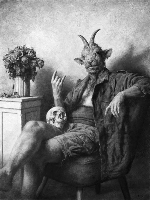 A black-and-white surreal image shows a horned, goat-like humanoid in an armchair with a human skull resting across its lap, beside a cabinet topped with a vase of roses. No legible text is visible in the image; the post appears to announce the closing of a “Mint” collection after 94 editions.