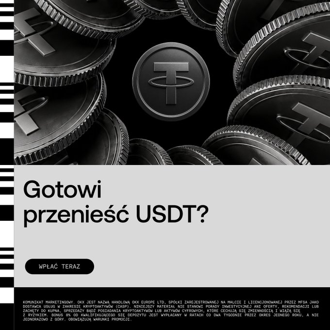 An advertisement featuring black Tether (USDT) coins with Polish text "Gotowi przenieść USDT?" and a "WPŁAĆ TERAZ" button, with legal disclaimers about OKX Europe Ltd.