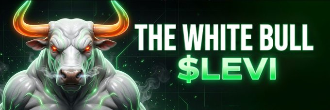 A stylized white bull with glowing green eyes and horns dominates the banner, overlaid with the bold text "THE WHITE BULL" and the ticker "$LEVI," visually representing the newly uploaded Moby banner image for the Levi token.