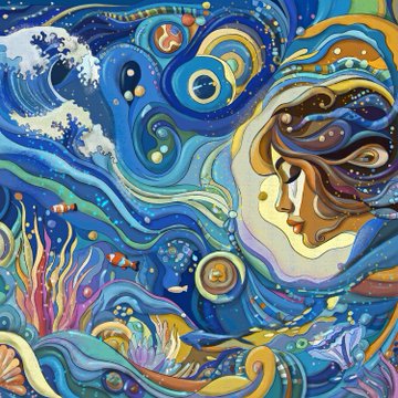 A vibrant, surreal painting featuring swirling blue waves, celestial bodies, and a stylized face of a woman with flowing brown hair, set against a cosmic aquatic background.