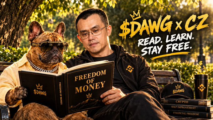 A promotional image for $DAWG x CZ (Binance's Changpeng Zhao) showing CZ and a dog wearing sunglasses reading a book titled 'Freedom of Money,' with the tagline 'READ. LEARN. STAY FREE.'