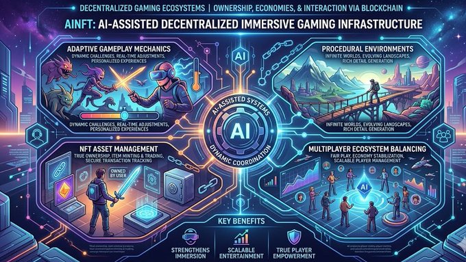 The image features a colorful poster that explains the concept of AI-assisted gaming infrastructure using illustrations and text. The poster highlights the benefits of this technology, such as decentralized participation models and blockchain integration for more transparent and secure gaming experiences. It also mentions the potential applications in gaming ecosystems beyond just gaming, including asset management and ecosystem development.