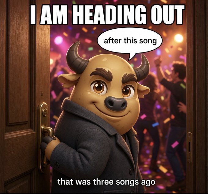 A meme featuring a cartoon bull character standing in the open doorway of a party with the text 'I AM HEADING OUT' at the top, a speech bubble saying 'after this song', and the caption 'that was three songs ago' at the bottom.