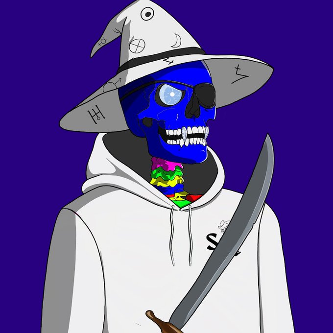 An illustration of a blue skeleton pirate wearing a pointed hat with mystical symbols, an eye patch, and a white hoodie, holding a sword against a purple background.
