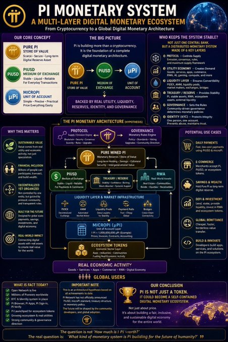 The image presents an infographic titled "PI MONETARY SYSTEM: A Multi-Layer Digital Monetary Ecosystem," detailing Pi Network's architecture with components like Pure Pi (Store of Value), PiUSD (Medium of Exchange), and MicroPi (Unit of Account), all supported by liquidity, treasury/reserves, RWA (Real World Assets), and governance layers. It emphasizes how this multi-layered design creates stability and utility beyond traditional tokenomics, aligning with the post's message that Pi's monetary system emerges from the interplay of protocol, utility, liquidity, reserves, real assets, identity, and governance rather than relying on a single central authority.