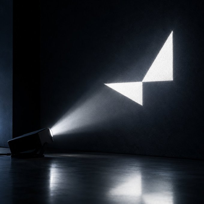 A spotlight in a dark room projecting a triangular logo shape onto a wall, with the light beam visible through the dusty air.