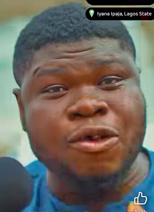 A close-up portrait of a young man being interviewed, with a location tag reading 'Iyana Ipaja, Lagos State' in the top right and a 'like' button showing '12k' in the bottom right.
