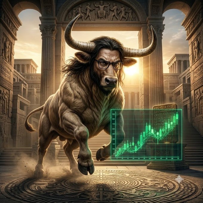 A powerful minotaur-like bull with a human face and glasses charges through ancient ruins beside a glowing green candlestick chart showing an upward price trend, symbolizing the bullish momentum of the $MURAD token. The image visually represents the "White Bull" concept, tying the mythological strength of a charging bull to the rising chart and Murad's prominent role as a holder of the token's supply.