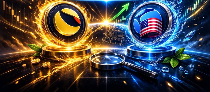 Two glowing cryptocurrency orbs (one with a flag-like emblem, one with an American flag shield) facing each other with a magnifying glass in the foreground and a rising green arrow in the background.
