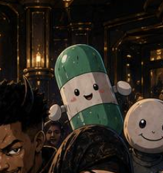 An anthropomorphized green and white capsule pill with a smiling face stands among a crowd in an ornate, classical interior setting. The caption "time to flip the pill" plays on the pill character's dual-sided expression—cheerful on one side, mischievous on the other—symbolizing a moment of transformation or decision.