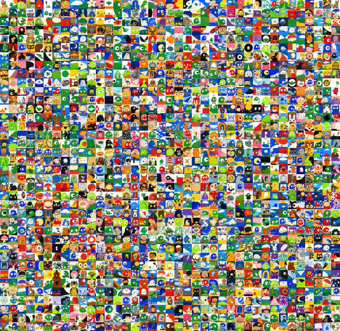 A dense mosaic of hundreds of small, colorful cartoon character icons forms a chaotic grid-like image. The "gm" (good morning) post fits the cheerful, chaotic vibe typical of early-morning crypto/NFT community greetings, where "gm" is a common sign-off used to greet others in the space.
