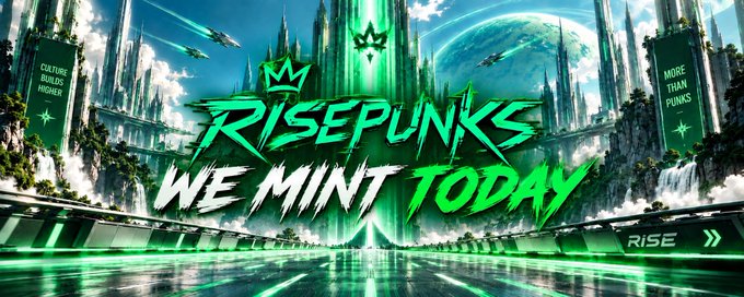 A promotional graphic for 'RISEPUNKS' with bold green text 'WE MINT TODAY', set against a futuristic green and teal cityscape with the words 'CULTURE BUILDS HIGHER' and 'MORE THAN PUNKS'.