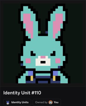 A pixel art character of a blue rabbit with pink inner ears is displayed above the text 'Identity Unit #110' and 'Owned by [icon] You'.