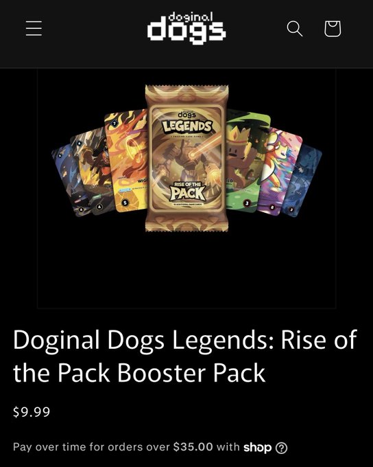 A product page on the Doginal Dogs website displaying the 'Doginal Dogs Legends: Rise of the Pack Booster Pack' trading card product priced at $9.99, with multiple colorful card illustrations shown.