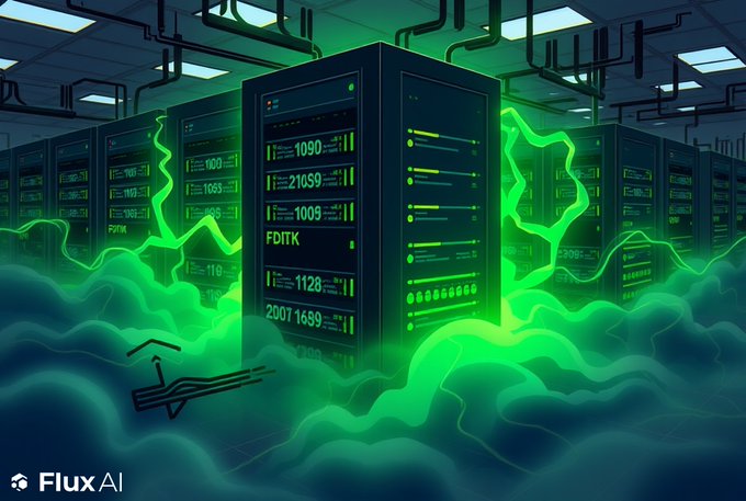A data center with glowing green servers labeled "FDITK" and "1128" emerges from swirling green clouds, symbolizing reliable cloud hosting contrasted with the instability of home servers. The ethereal mist and industrial server racks visually reinforce FluxCloud's message: outsource the chaos of self-hosting and let your infrastructure float on stable, managed clouds for just $1.57 a month (first month free).